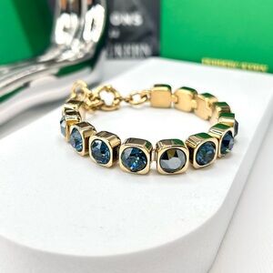 Denim Blue Crystal Bracelet, Gold Plated Chunky Dark Blue Tennis Bracelet